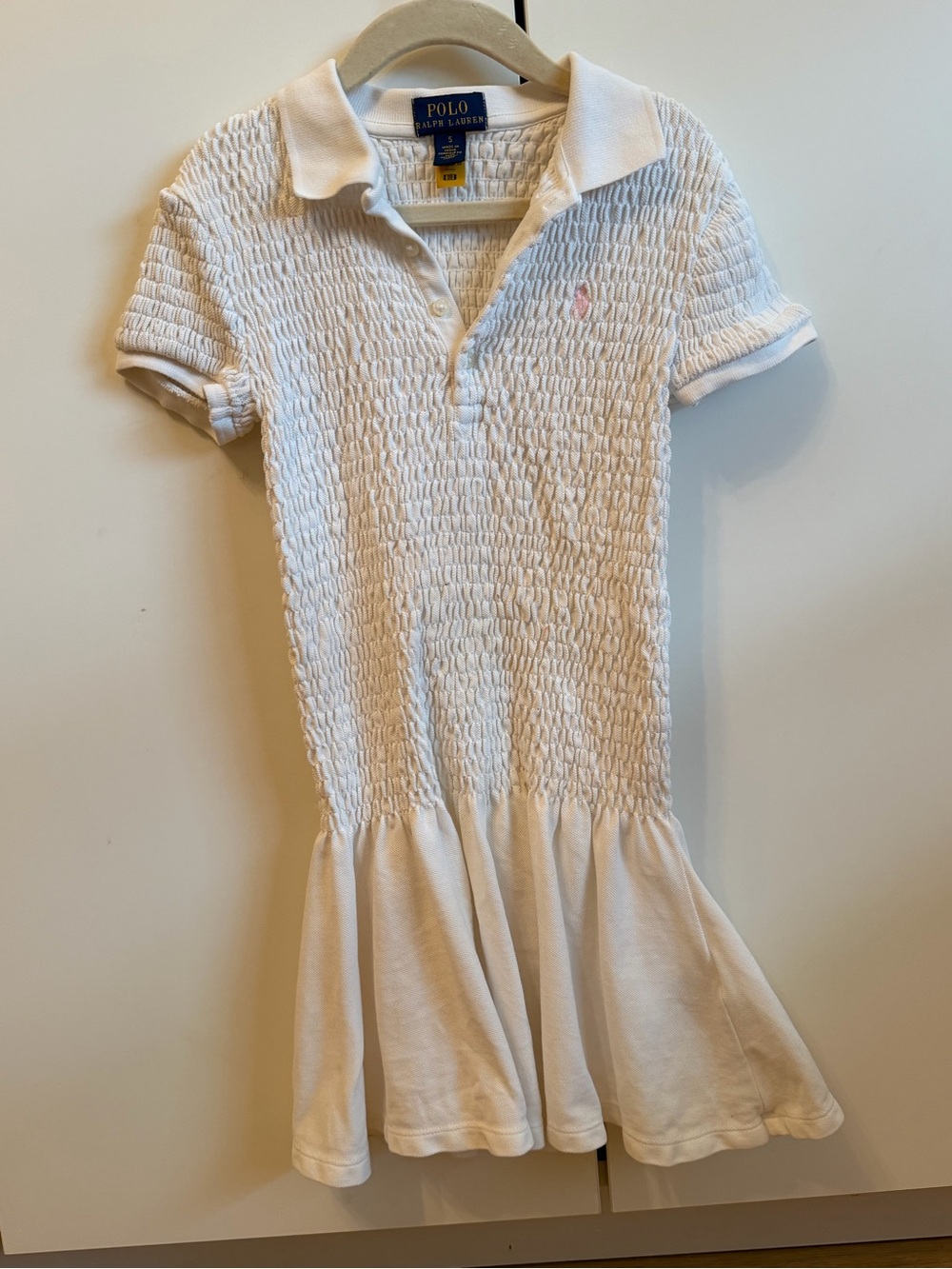 Toddler Girls Polo Ralph Lauren Smocked Stretch Mesh Polo Dress White, Size 5